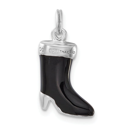 Sterlingsilber Poliert Zirkonia & Schwarz Emaille Boot Charm