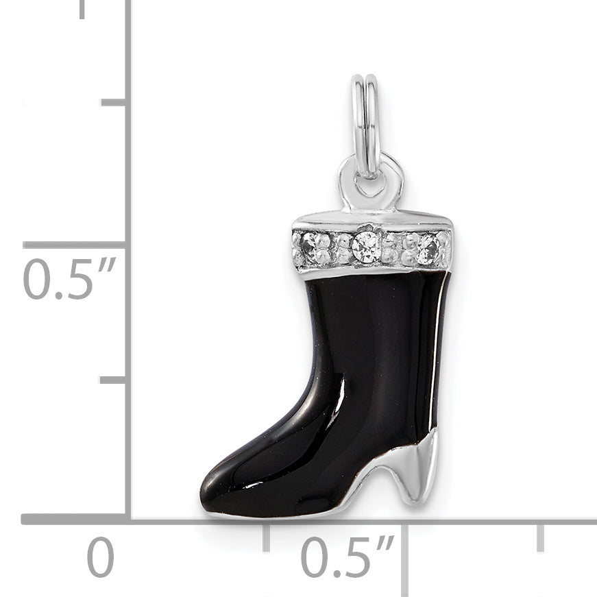 Sterlingsilber Poliert Zirkonia & Schwarz Emaille Boot Charm