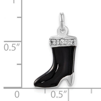 Sterlingsilber Poliert Zirkonia & Schwarz Emaille Boot Charm