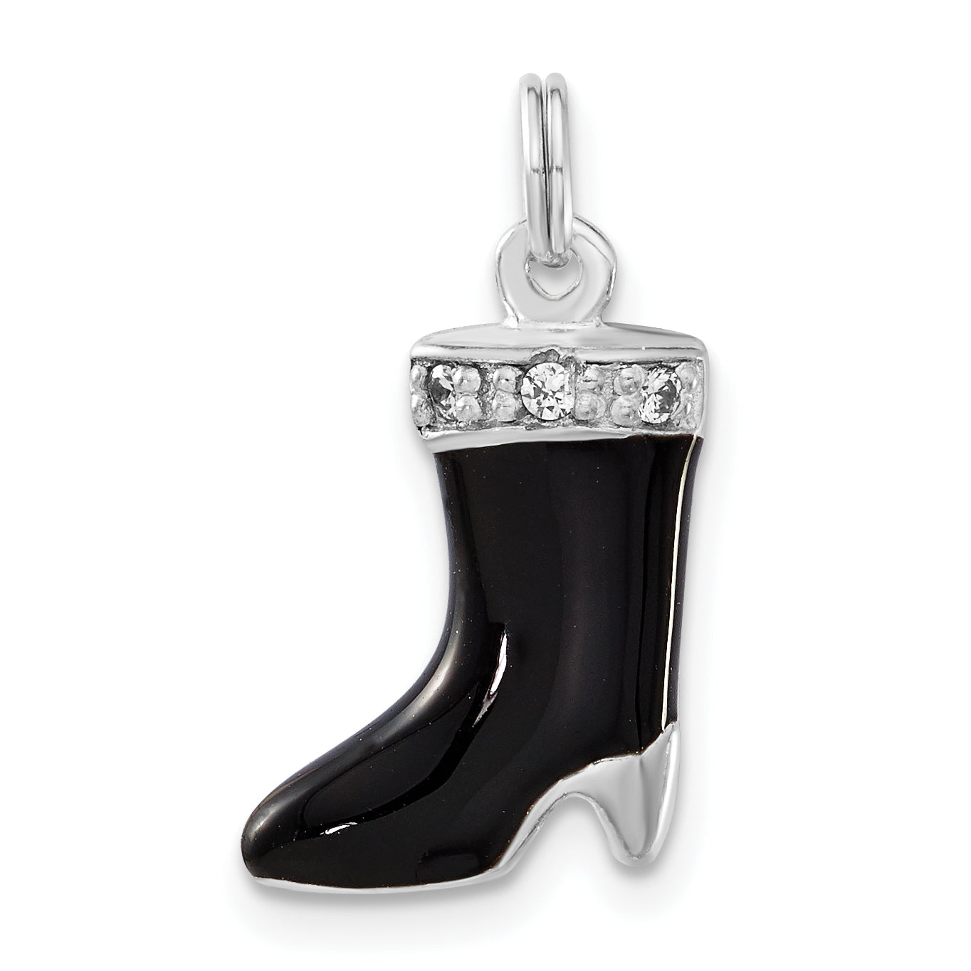 Sterlingsilber Poliert Zirkonia & Schwarz Emaille Boot Charm