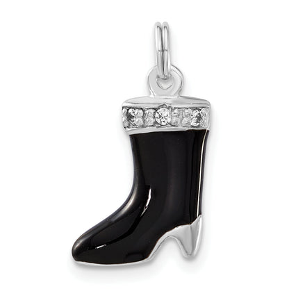 Sterlingsilber Poliert Zirkonia & Schwarz Emaille Boot Charm