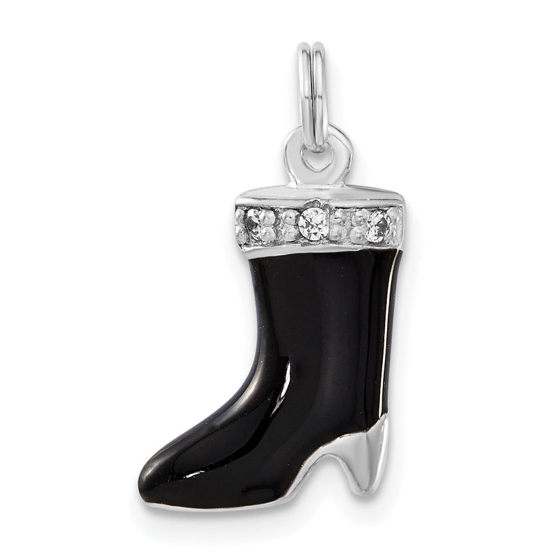 Sterlingsilber Poliert Zirkonia & Schwarz Emaille Boot Charm
