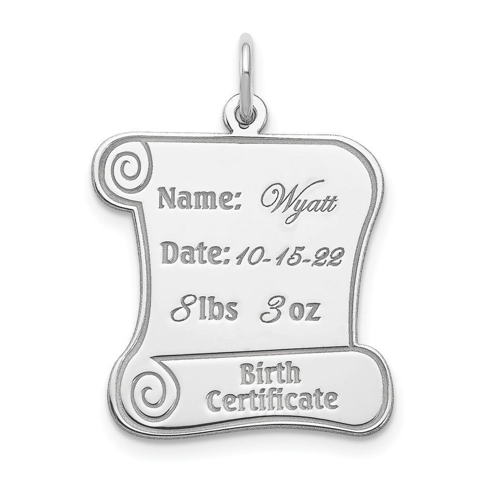 Sterlingsilber Rhodiniert Personalizable Birth Certificate Charm