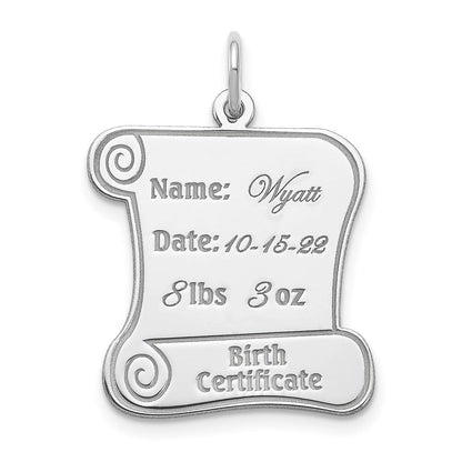 Sterlingsilber Rhodiniert Personalizable Birth Certificate Charm
