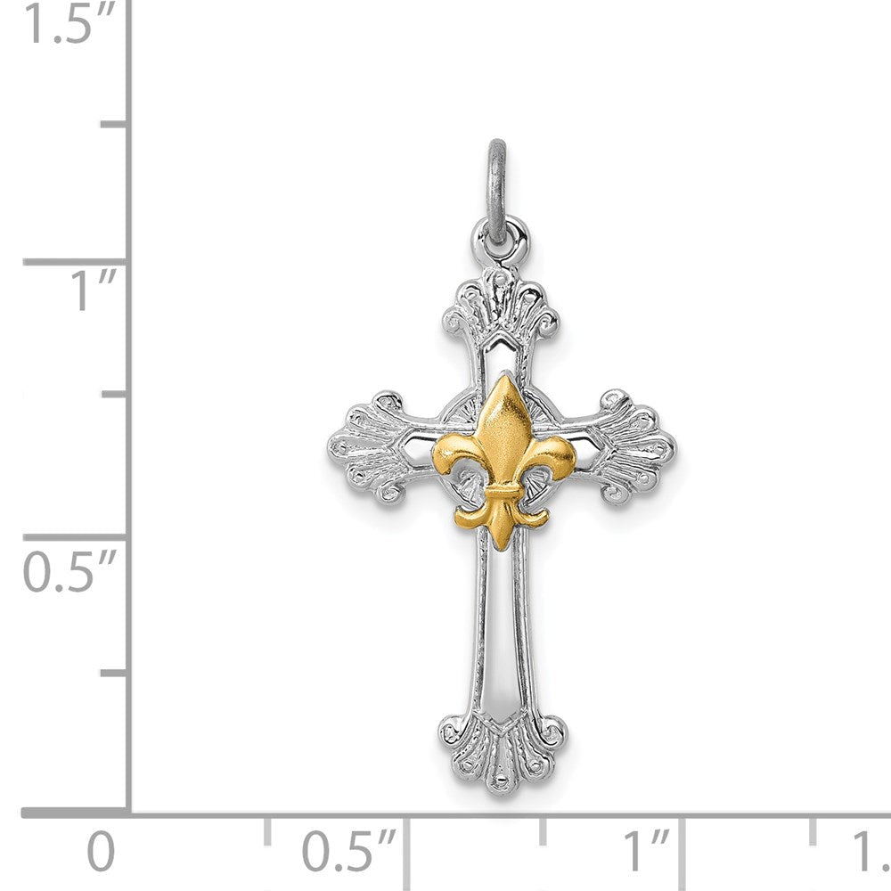 Sterlingsilber Rhodiniert & Vergoldet Kreuz Fleur De Lis Anhänger