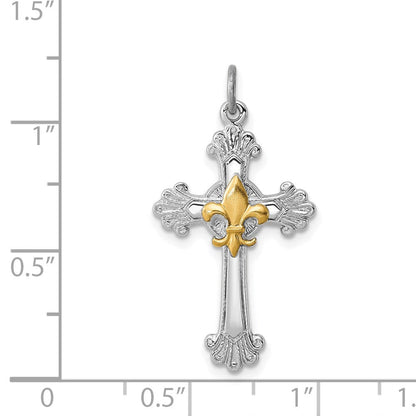 Sterlingsilber Rhodiniert & Vergoldet Kreuz Fleur De Lis Anhänger