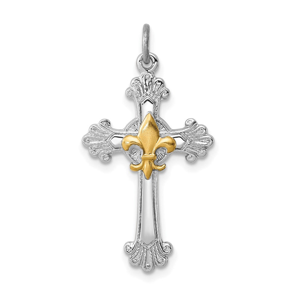 Sterlingsilber Rhodiniert & Vergoldet Kreuz Fleur De Lis Anhänger