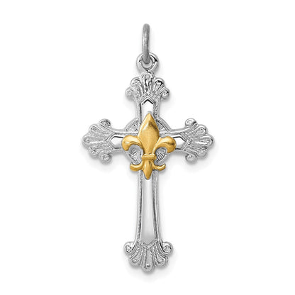 Sterlingsilber Rhodiniert & Vergoldet Kreuz Fleur De Lis Anhänger