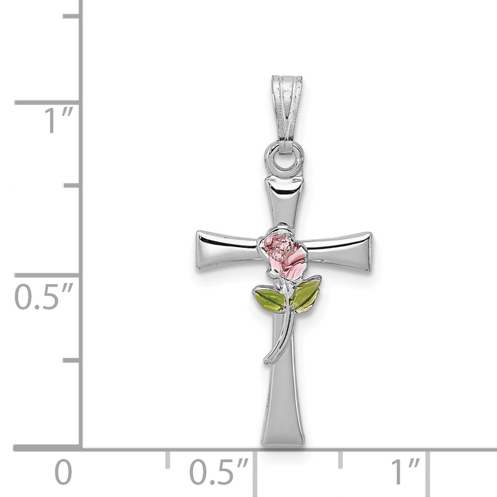 Sterlingsilber Rhodiniert Kreuz mit Epoxid Rose Mittig Anhänger