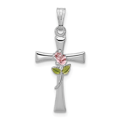 Sterlingsilber Rhodiniert Kreuz mit Epoxid Rose Mittig Anhänger