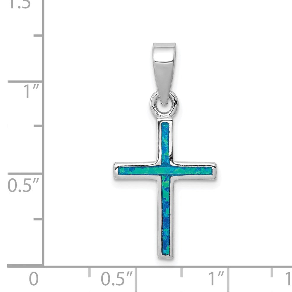Sterlingsilber Rhodiniert Blau Einlage Erzeugt Opal Dünn Kreuz Anhänger