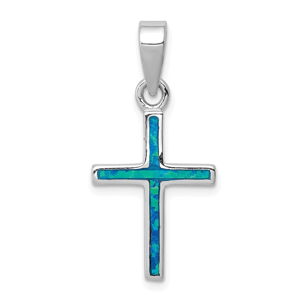 Sterlingsilber Rhodiniert Blau Einlage Erzeugt Opal Dünn Kreuz Anhänger
