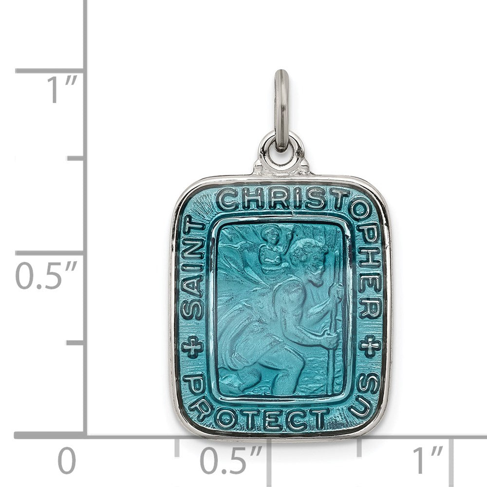 Sterlingsilber Blau Emaille Quadratisch St. Christopher Medaille Anhänger