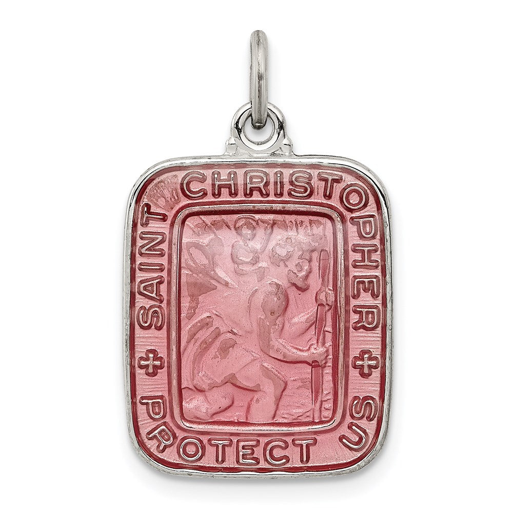 Sterlingsilber Rosa Emaille Quadratisch St. Christopher Medaille Anhänger