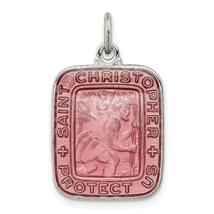 Sterlingsilber Rosa Emaille Quadratisch St. Christopher Medaille Anhänger