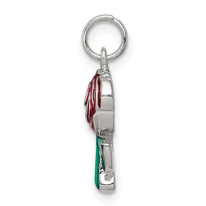 Sterlingsilber Rhodiniert Grün und Rot Emaille Rose Charm