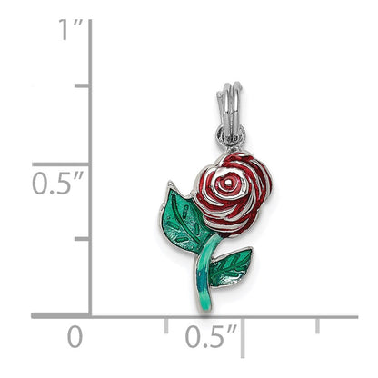 Sterlingsilber Rhodiniert Grün und Rot Emaille Rose Charm
