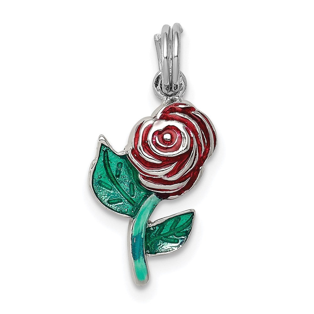 Sterlingsilber Rhodiniert Grün und Rot Emaille Rose Charm