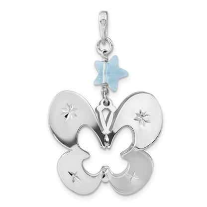 Sterlingsilber Poliert Diamantiert Schmetterling mit Blau Glas Stern Anhänger