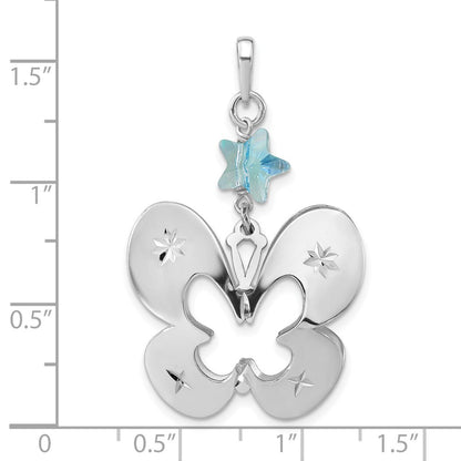 Sterlingsilber Poliert Diamantiert Schmetterling mit Blau Glas Stern Anhänger