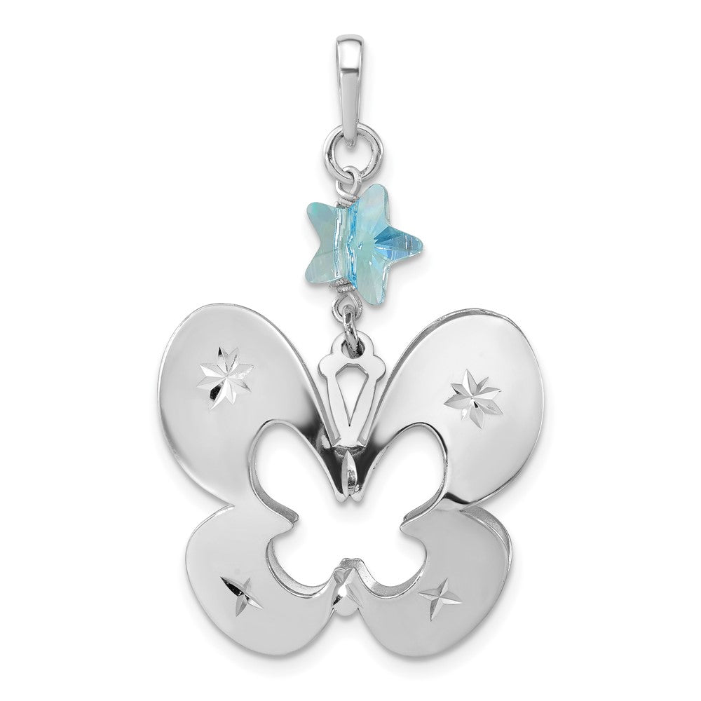 Sterlingsilber Poliert Diamantiert Schmetterling mit Blau Glas Stern Anhänger