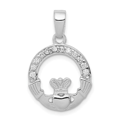 Sterlingsilber Rhodiniert Zirkonia Claddagh Anhänger