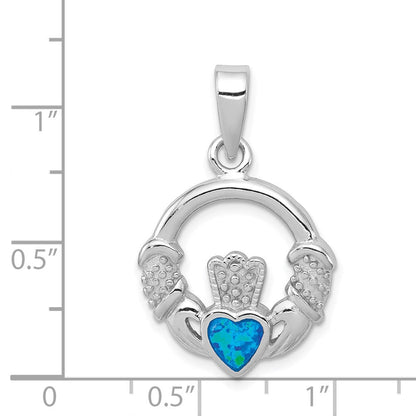 Sterlingsilber Rhodiniert Im Labor Erzeugt Blau Opal Einlage Claddagh Anhänger