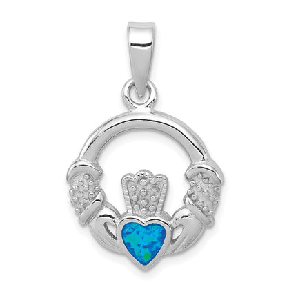 Sterlingsilber Rhodiniert Im Labor Erzeugt Blau Opal Einlage Claddagh Anhänger