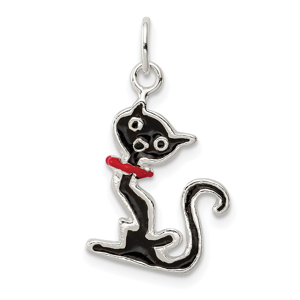 Sterlingsilber Schwarz Emailliert Katze Charm