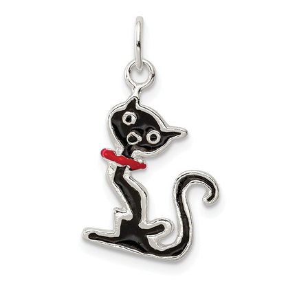 Sterlingsilber Schwarz Emailliert Katze Charm
