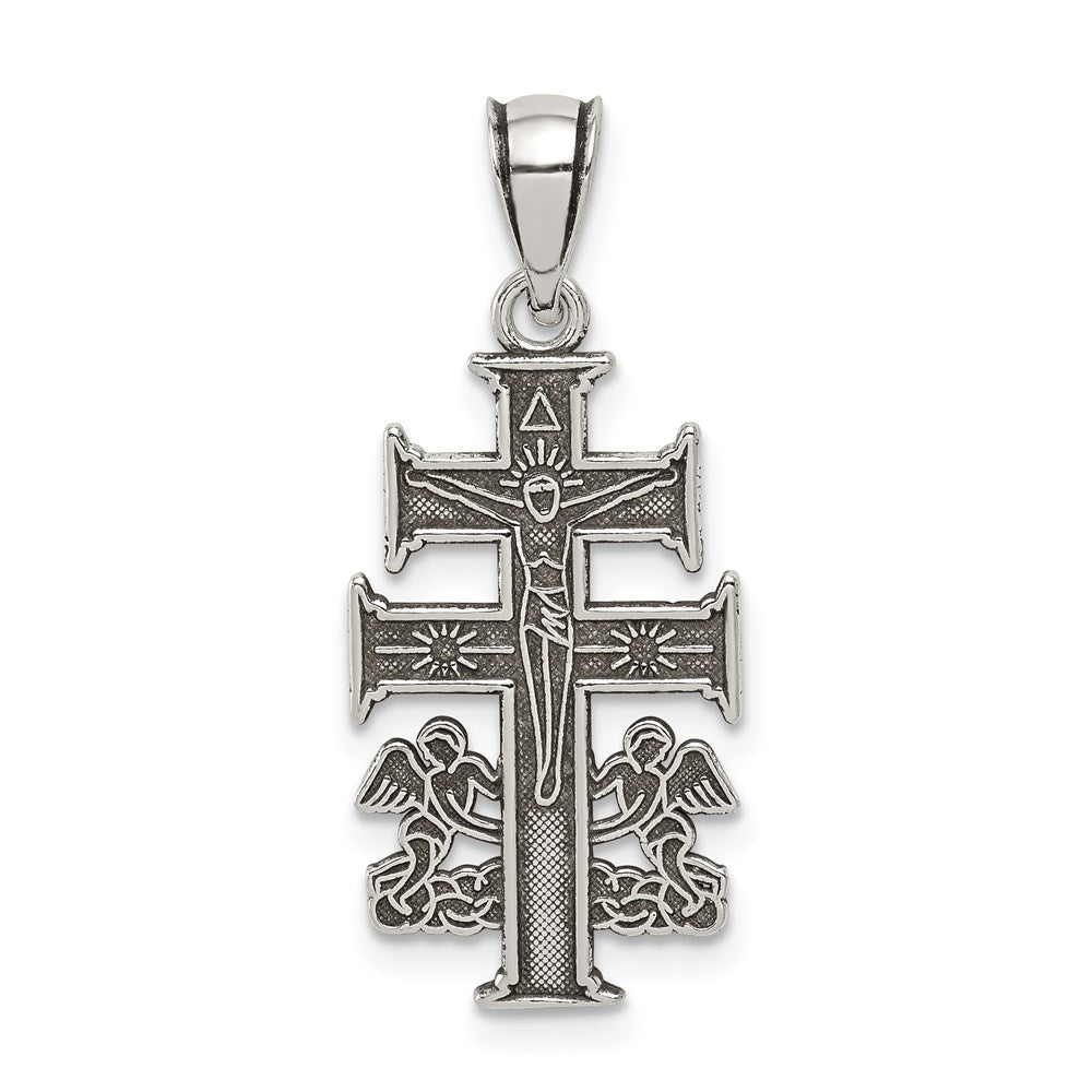 Sterlingsilber Antikisiert Caravaca Doppelt Kreuz mit Angels Kruzifix Anhänger