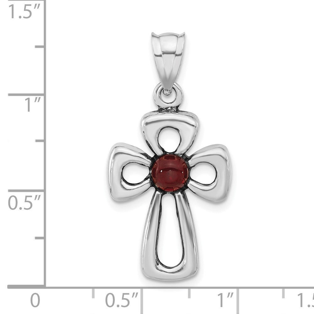 Sterlingsilber Poliert & Antikisiert Rot Glas Offen Kreuz Anhänger