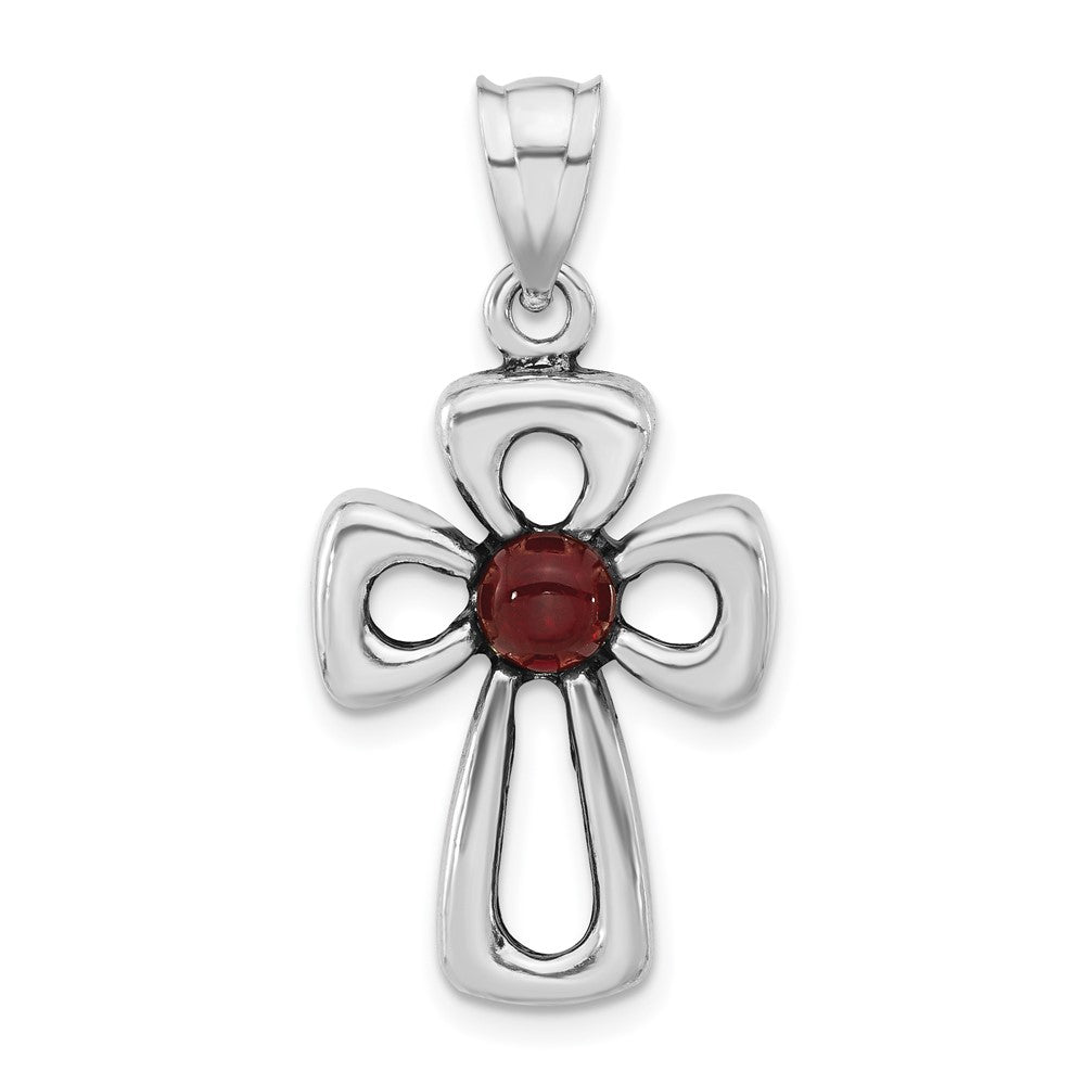 Sterlingsilber Poliert & Antikisiert Rot Glas Offen Kreuz Anhänger