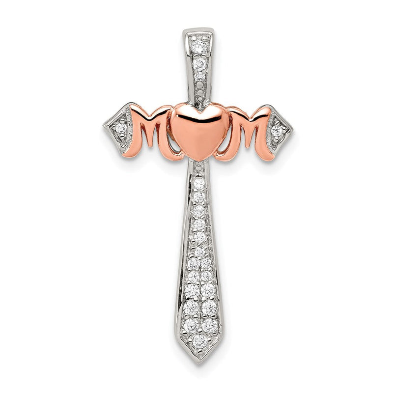 Sterlingsilber Poliert Rhodium & Rose Vergoldet Mama Zirkonia Kreuz Anhänger