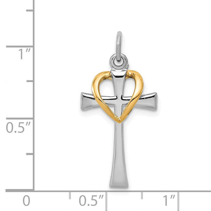 Sterlingsilber Rhodiniert & Goldfarben Poliert Kreuz mit Herz Anhänger