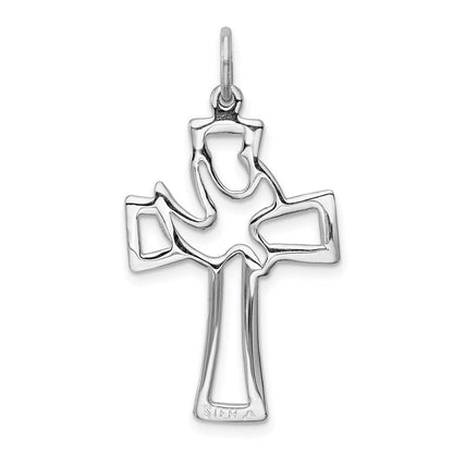Sterlingsilber Rhodiniert Poliert Ausgeschnitten Taube Kreuz Anhänger