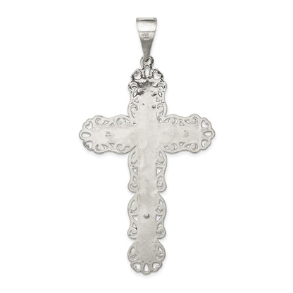 Sterlingsilber Poliert & Strukturiert Groß Blumen Kreuz mit Jesus Anhänger