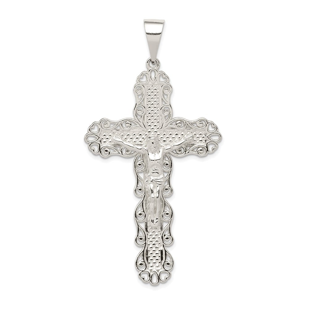Sterlingsilber Poliert & Strukturiert Groß Blumen Kreuz mit Jesus Anhänger