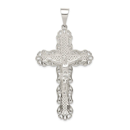 Sterlingsilber Poliert & Strukturiert Groß Blumen Kreuz mit Jesus Anhänger