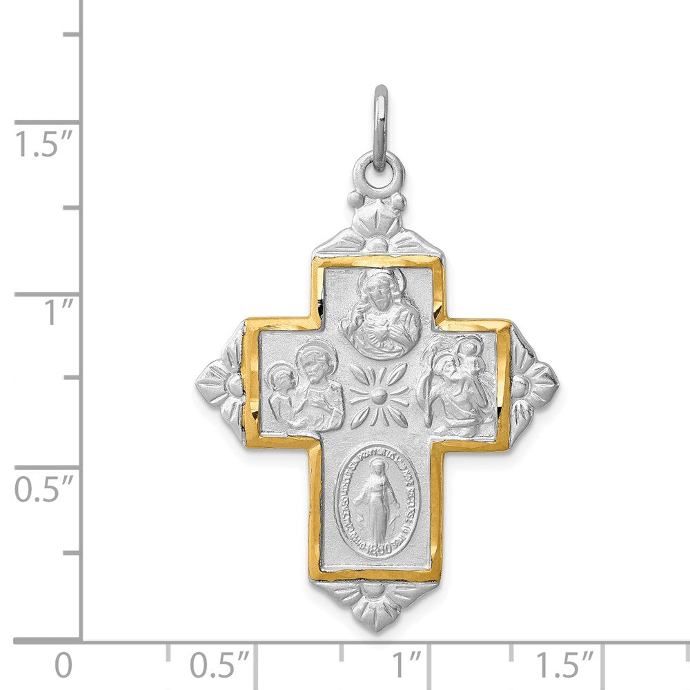 Sterlingsilber Rhodiniert & Goldfarben 4-way Medaille Kreuz Anhänger