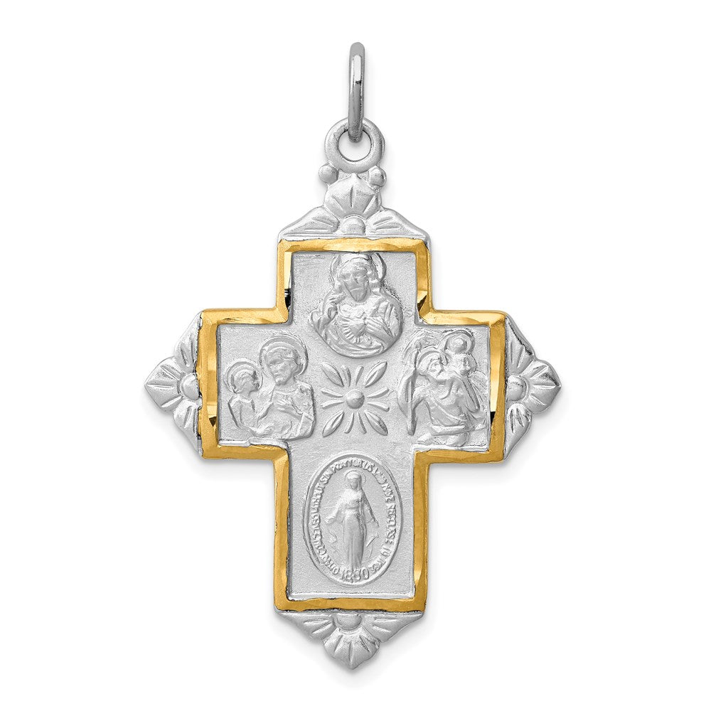 Sterlingsilber Rhodiniert & Goldfarben 4-way Medaille Kreuz Anhänger