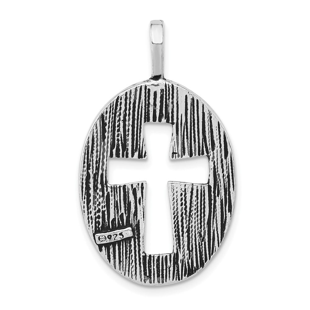 Sterlingsilber Poliert & Antikisiert Oval Ausgeschnitten Kreuz Anhänger