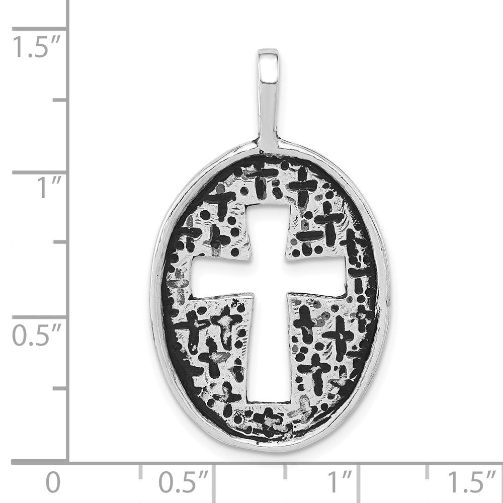 Sterlingsilber Poliert & Antikisiert Oval Ausgeschnitten Kreuz Anhänger