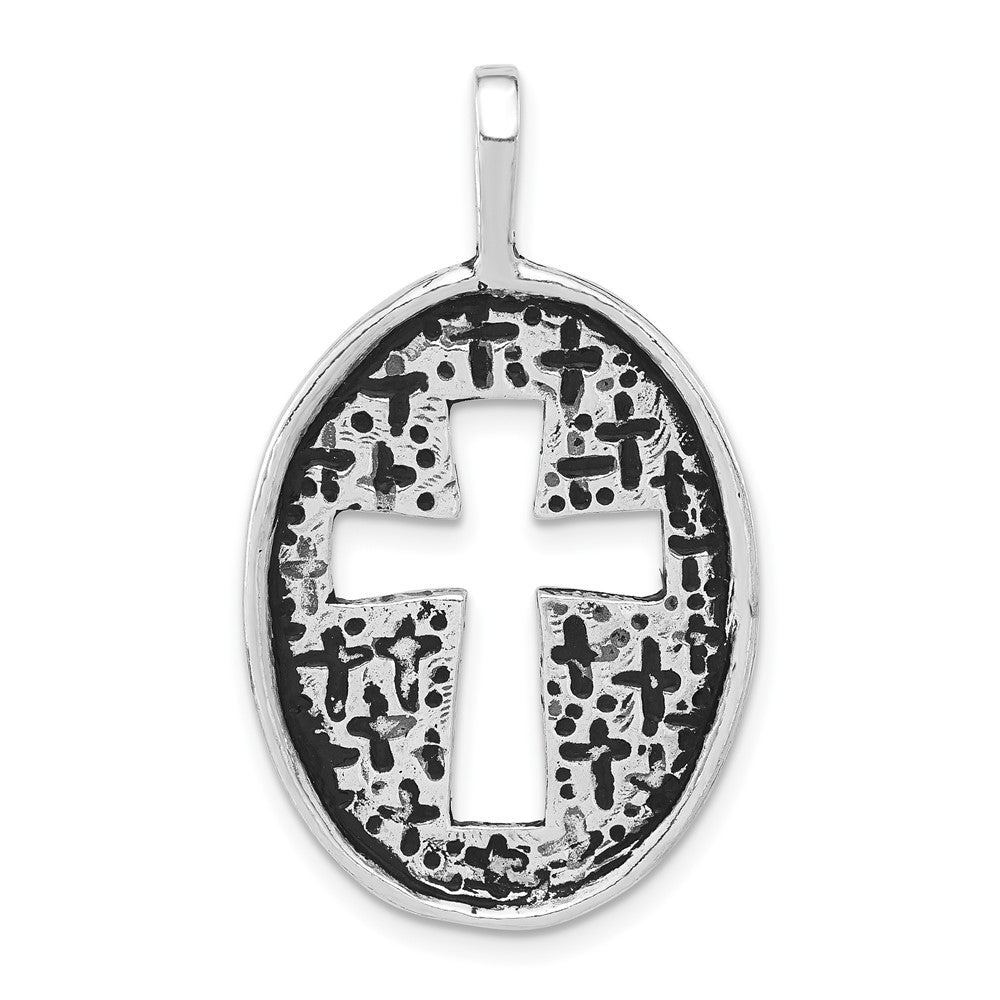 Sterlingsilber Poliert & Antikisiert Oval Ausgeschnitten Kreuz Anhänger