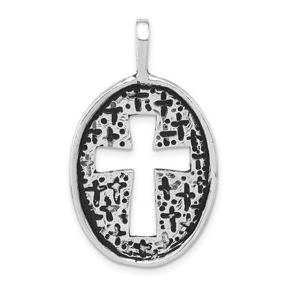 Sterlingsilber Poliert & Antikisiert Oval Ausgeschnitten Kreuz Anhänger