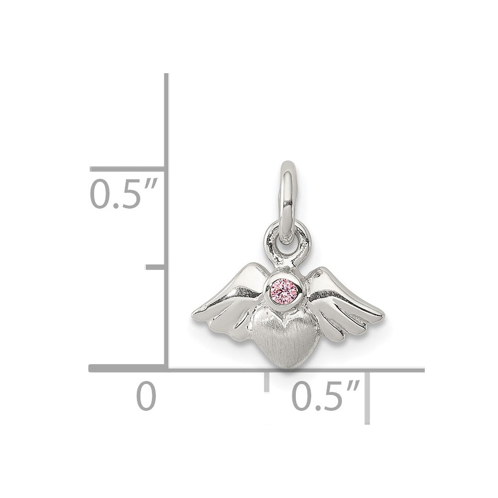 Sterlingsilber Rhodiniert Poliert/satin Herz mit Flügel Rosa Zirkonia Anhänger