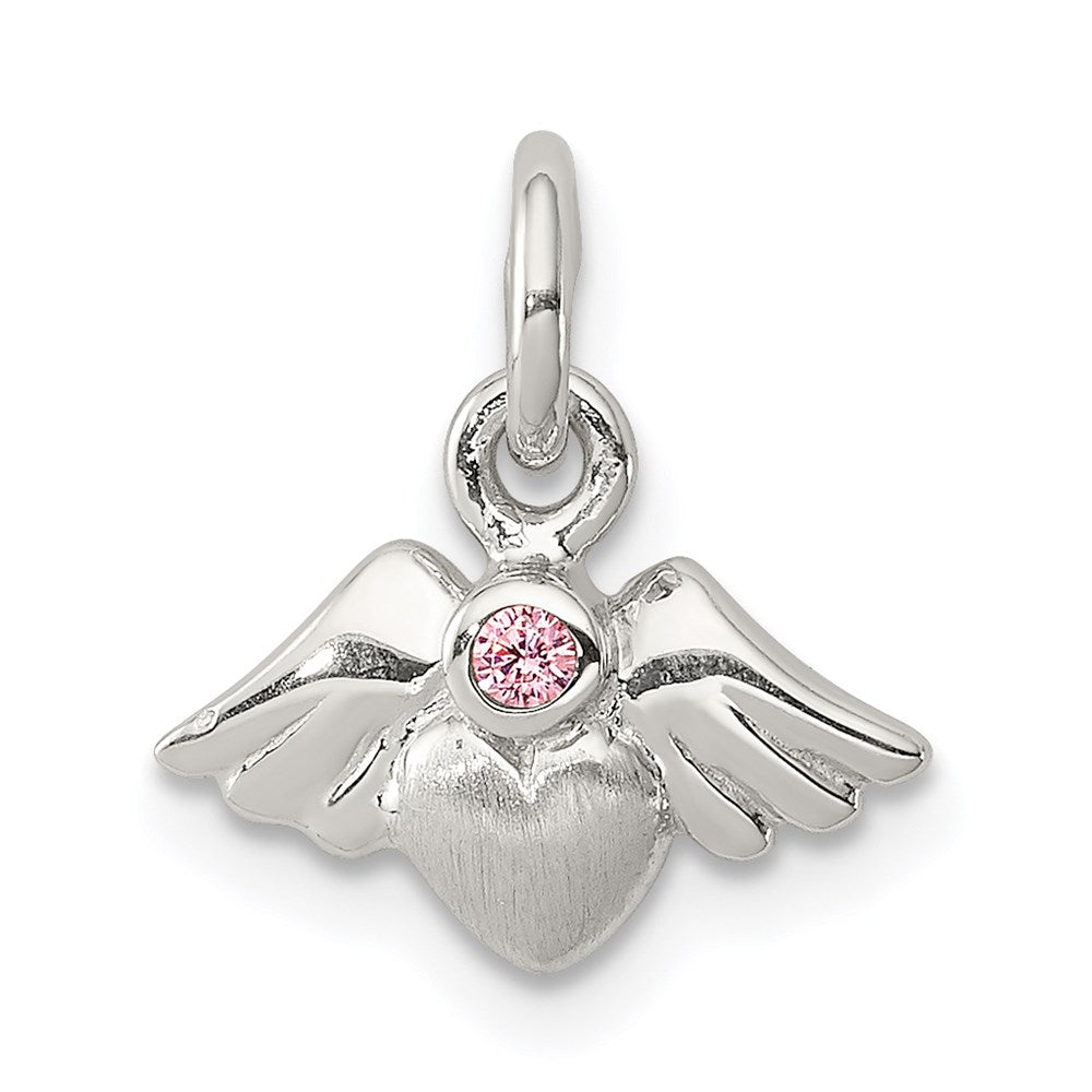 Sterlingsilber Rhodiniert Poliert/satin Herz mit Flügel Rosa Zirkonia Anhänger