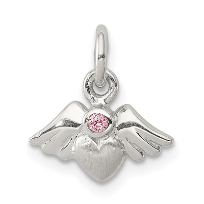 Sterlingsilber Rhodiniert Poliert/satin Herz mit Flügel Rosa Zirkonia Anhänger