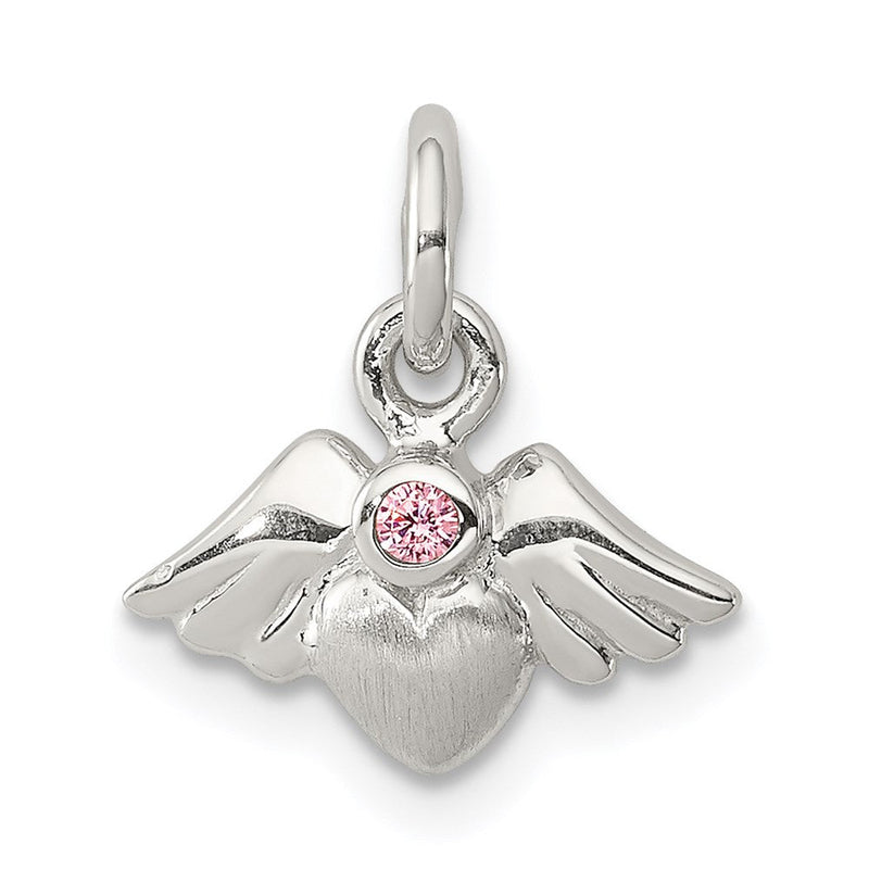 Sterlingsilber Rhodiniert Poliert/satin Herz mit Flügel Rosa Zirkonia Anhänger