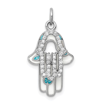 Sterlingsilber Rhodiniert Emaille Hamsa mit Zirkonia Anhänger